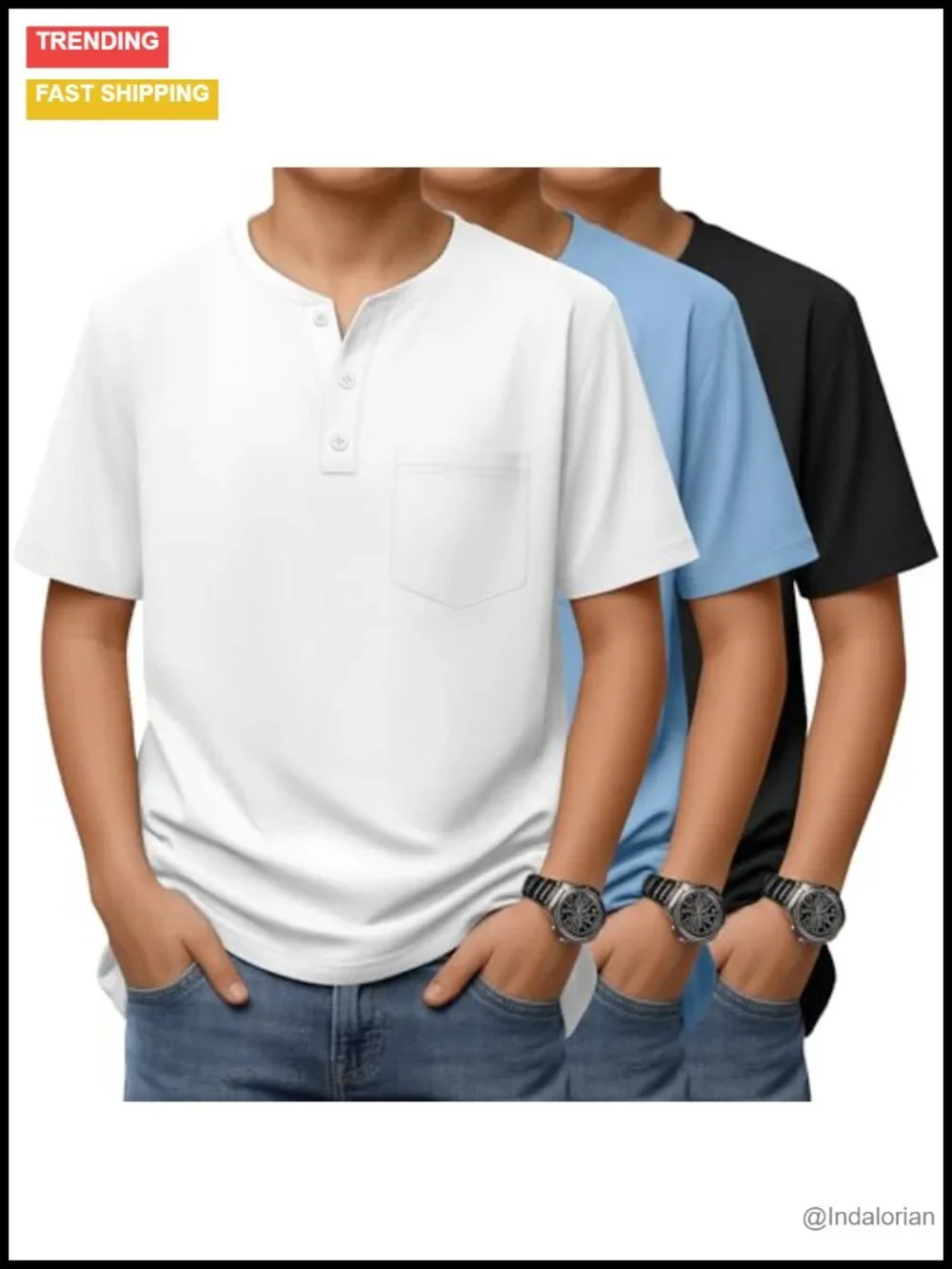 3 Pack Boy's Short Sleeve Henley Tees with Pocket Cotton Blend